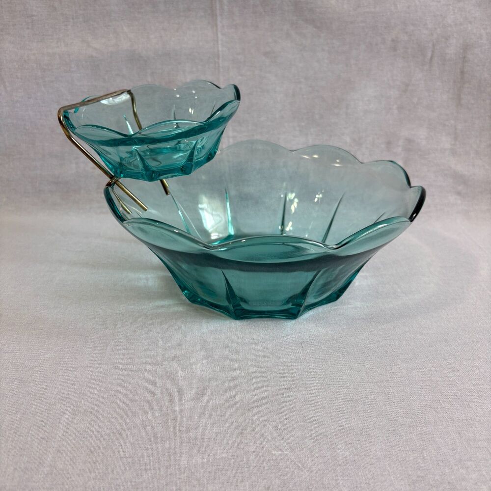 Vintage 1960s Anchor Hocking Aqua Tulip Swedish Modern Glass Chip Dip Set MCM